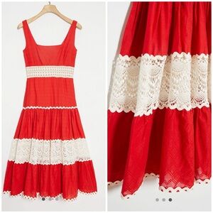 💋 Rare Anthropologie Favianne lace Red orange maxi Dress with Cream Lace Insets